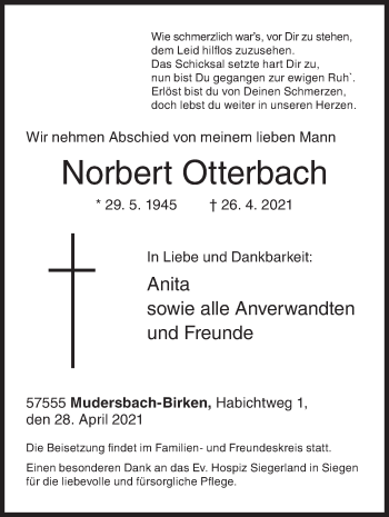 Traueranzeige von Norbert Otterbach von Siegener Zeitung