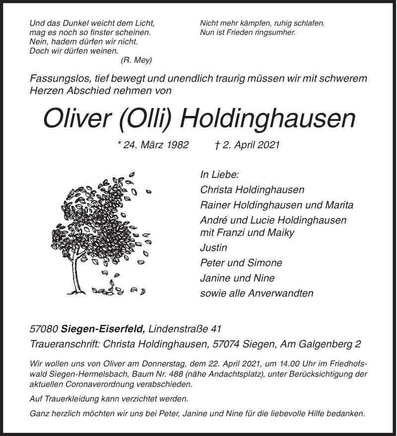  Traueranzeige für Oliver Holdinghausen vom 17.04.2021 aus Siegener Zeitung