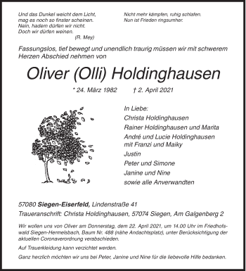 Traueranzeige von Oliver Holdinghausen von Siegener Zeitung