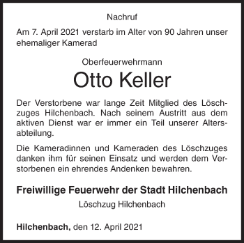 Traueranzeige von Otto Keller von Siegener Zeitung