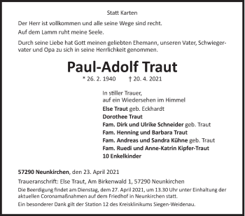 Traueranzeige von Paul-Adolf Traut von Siegener Zeitung