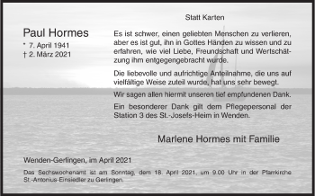 Traueranzeige von Paul Hormes von Siegener Zeitung