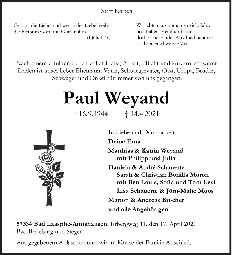  Traueranzeige für Paul Weyand vom 17.04.2021 aus Siegener Zeitung