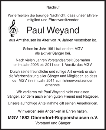 Traueranzeige von Paul Weyand von Siegener Zeitung