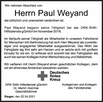 Traueranzeige von Paul Weyand von Siegener Zeitung