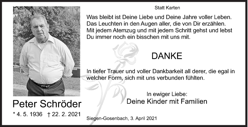  Traueranzeige für Peter Schröder vom 03.04.2021 aus Siegener Zeitung
