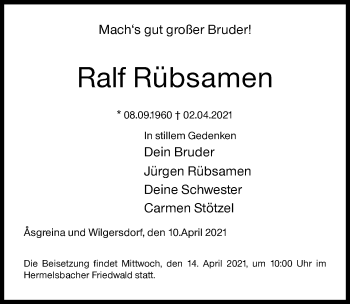 Traueranzeige von Ralf Rübsamen von Siegener Zeitung