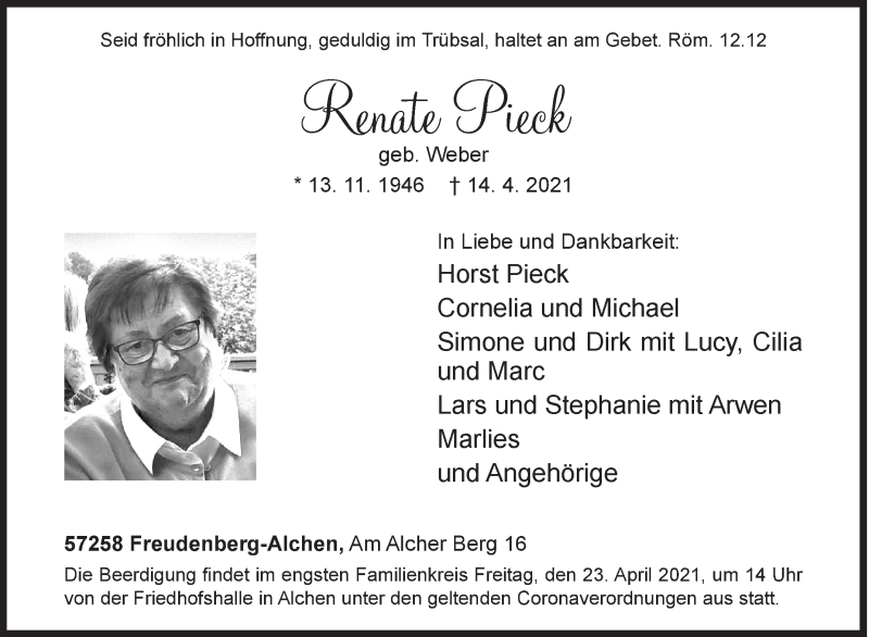  Traueranzeige für Renate Pieck vom 17.04.2021 aus Siegener Zeitung