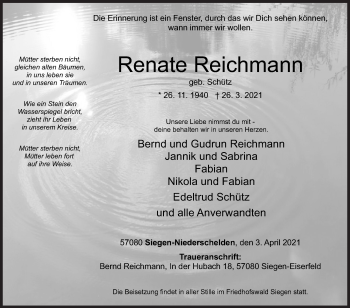 Traueranzeige von Renate Reichmann von Siegener Zeitung