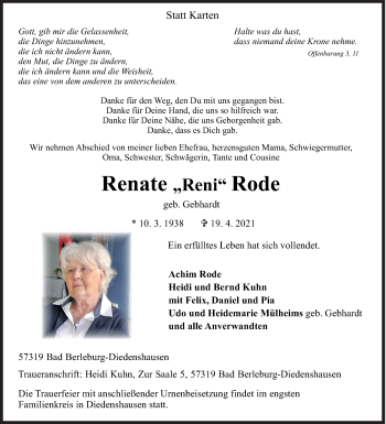 Traueranzeige von Renate  Rode von Siegener Zeitung