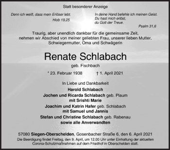 Traueranzeige von Renate Schlabach von Siegener Zeitung