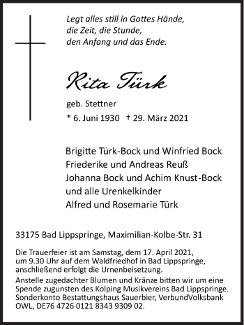 Traueranzeige von Rita Türk von Siegener Zeitung