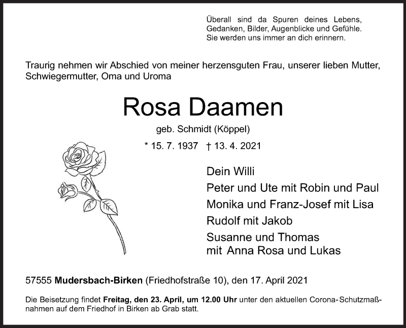  Traueranzeige für Rosa Daamen vom 17.04.2021 aus Siegener Zeitung