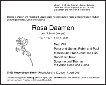 Traueranzeige von Rosa Daamen von Siegener Zeitung