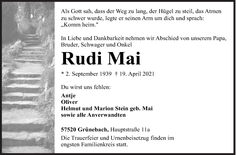  Traueranzeige für Rudi Mai vom 27.04.2021 aus Siegener Zeitung