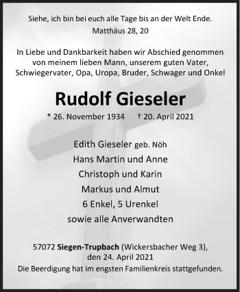 Traueranzeige von Rudolf Gieseler von Siegener Zeitung