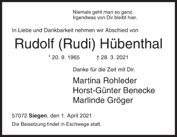 Traueranzeige von Rudolf  Hübenthal von Siegener Zeitung
