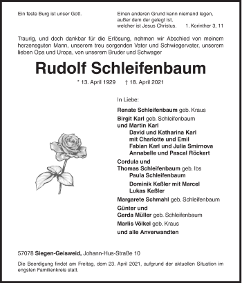 Traueranzeige von Rudolf Schleifenbaum von Siegener Zeitung