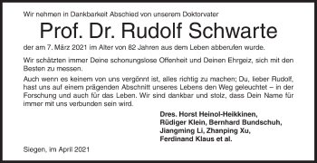 Traueranzeige von Rudolf Schwarte von Siegener Zeitung
