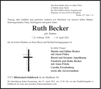 Traueranzeige von Ruth Becker von Siegener Zeitung