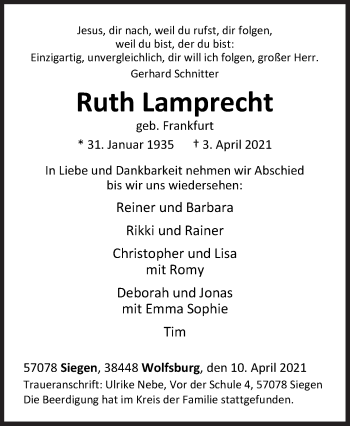 Traueranzeige von Ruth Lamprecht von Siegener Zeitung