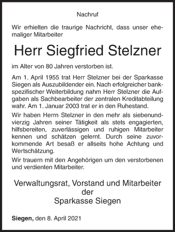 Traueranzeige von Siegfried Stelzner von Siegener Zeitung