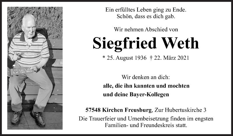  Traueranzeige für Siegfried Weth vom 03.04.2021 aus Siegener Zeitung