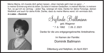 Traueranzeige von Siglinde Ballmann von Siegener Zeitung