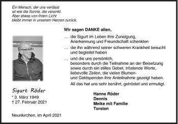 Traueranzeige von Sigurt Röder von Siegener Zeitung