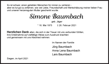 Traueranzeige von Simone Baumbach von Siegener Zeitung