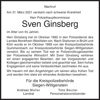 Traueranzeige von Sven Ginsberg von Siegener Zeitung