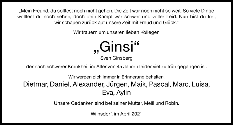  Traueranzeige für Sven Ginsberg vom 06.04.2021 aus Siegener Zeitung