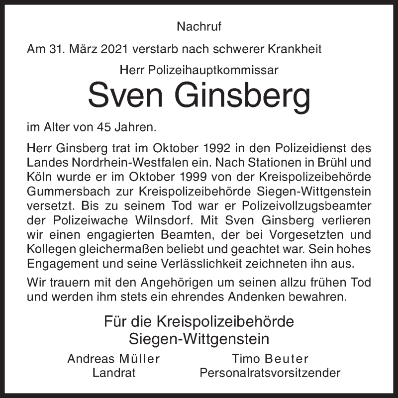  Traueranzeige für Sven Ginsberg vom 07.04.2021 aus Siegener Zeitung