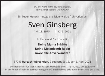 Traueranzeige von Sven Ginsberg von Siegener Zeitung