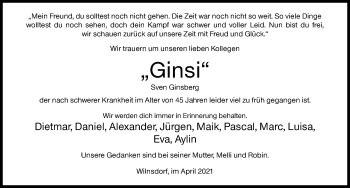 Traueranzeige von Sven Ginsberg von Siegener Zeitung