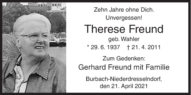  Traueranzeige für Therese Freund vom 21.04.2021 aus Siegener Zeitung