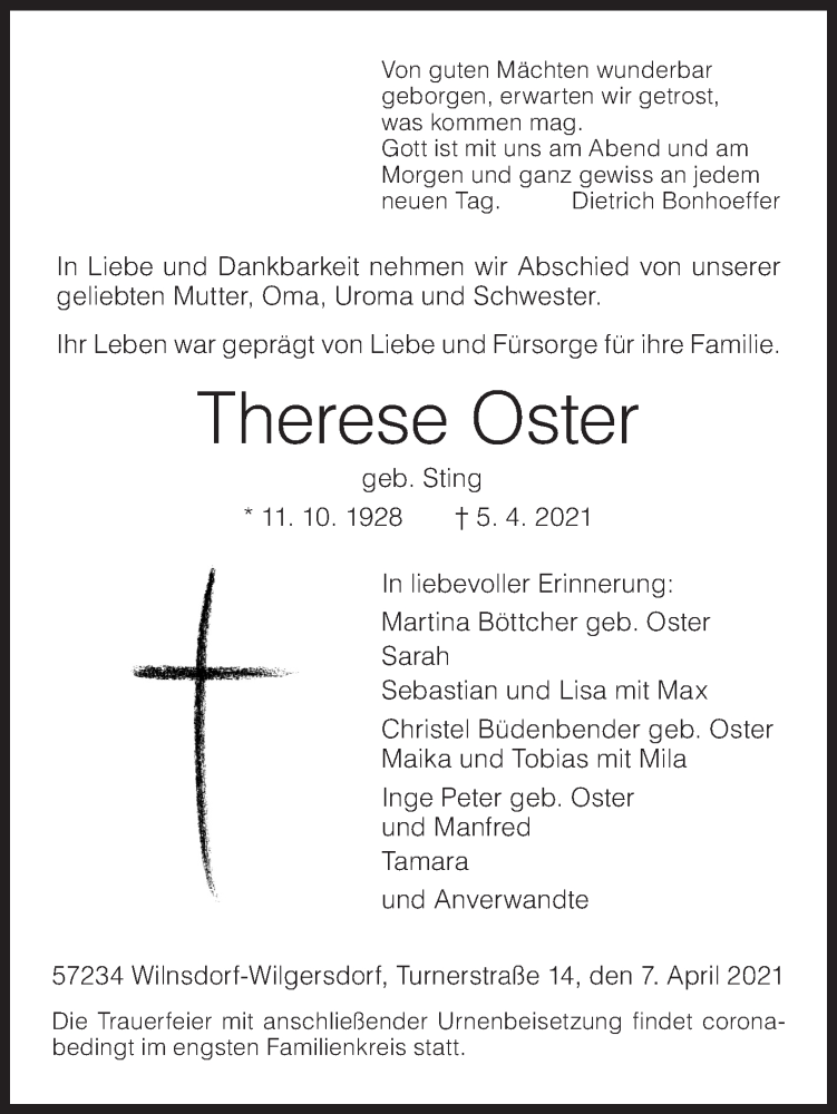  Traueranzeige für Therese Oster vom 07.04.2021 aus Siegener Zeitung