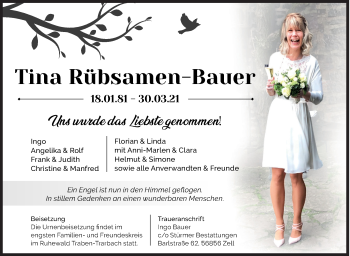 Traueranzeige von Tina Rübsamen-Bauer von Siegener Zeitung