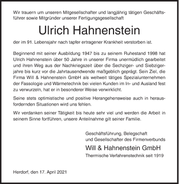 Traueranzeige von Ulrich Hahnenstein von Siegener Zeitung