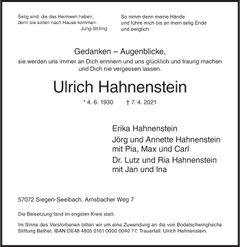 Traueranzeige von Ulrich Hahnenstein von Siegener Zeitung