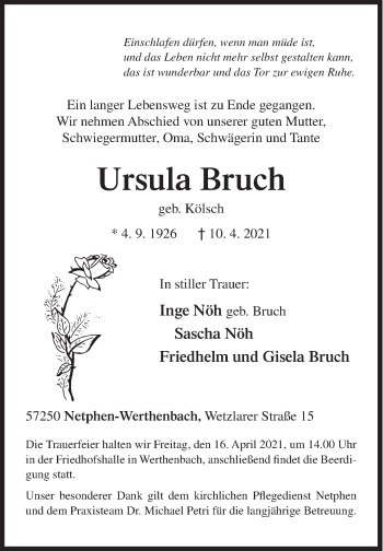 Traueranzeige von Ursula Bruch von Siegener Zeitung