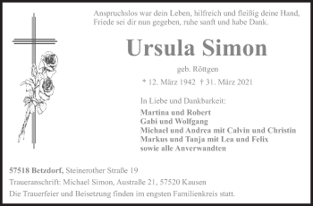 Traueranzeige von Ursula Simon von Siegener Zeitung