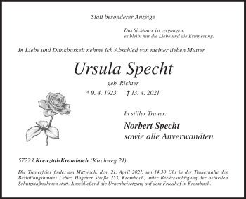 Traueranzeige von Ursula Specht von Siegener Zeitung
