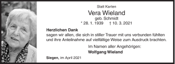 Traueranzeige von Vera Wieland von Siegener Zeitung