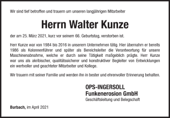Traueranzeige von Walter Kunze von Siegener Zeitung