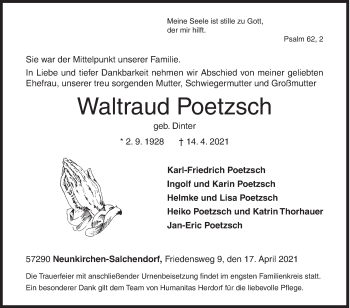 Traueranzeige von Waltraud Poetzsch von Siegener Zeitung