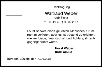 Traueranzeige von Waltraud Weber von Siegener Zeitung