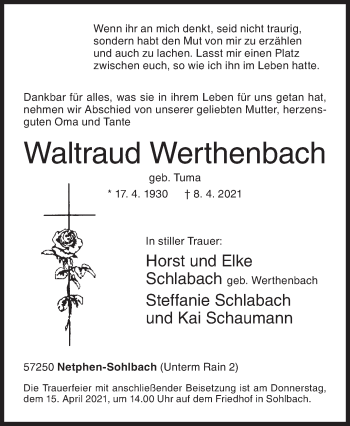 Traueranzeige von Waltraud Werthenbach von Siegener Zeitung