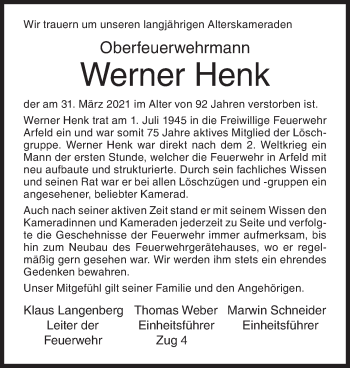 Traueranzeige von Werner Henk von Siegener Zeitung