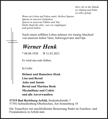 Traueranzeige von Werner Henk von Siegener Zeitung
